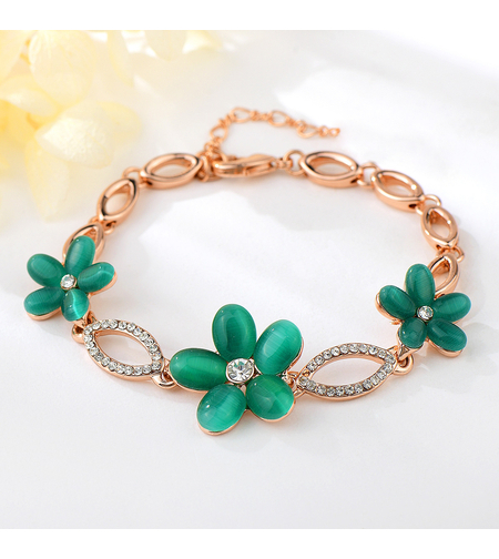 Гривна розово позлатяване зелени цветя | Колекция Rose Gold | Бижута Invoke.bg