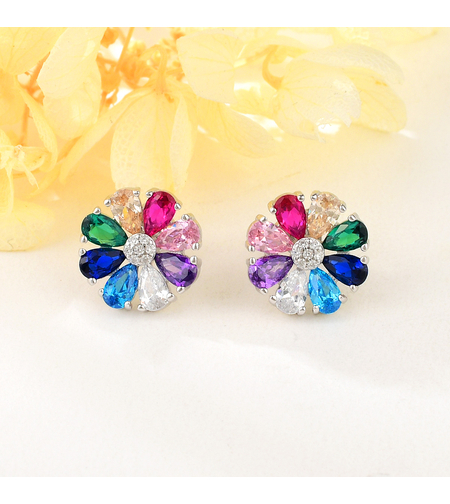 Сребърни обеци с платина и цветни кубични циркони | Колекция Silver Premium | Бижута Invoke.bg