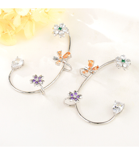 Сребърни обеци по ухото с платина и цветни кубични циркони | Колекция Silver Premium | Бижута Invoke.bg