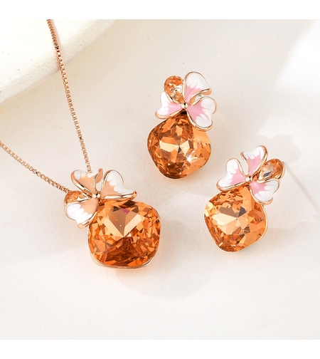 Комплект розово позлатяване кехлибарен кристал | Колекция Rose Gold | Бижута Invoke.bg