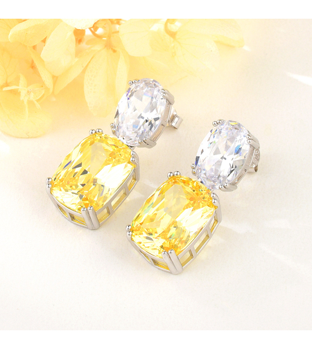 Сребърни обеци с платина и жълти кубични циркони | Колекция Silver Premium | Бижута Invoke.bg