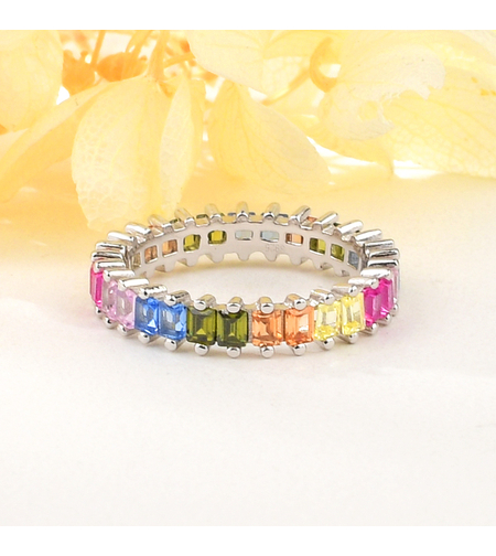 Сребърен пръстен с платина и цветни кубични циркони | Колекция Silver Premium | Бижута Invoke.bg