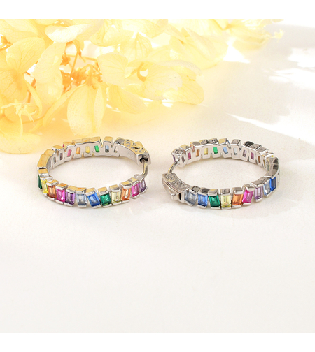 Сребърни обеци халки с платина и цветни кубични циркони | Колекция Silver Premium | Бижута Invoke.bg