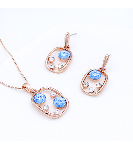 Комплект розово позлатяване сини кристали | Колекция Rose Gold | Бижута Invoke.bg