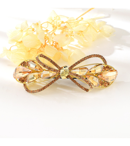 CRYSTAL RIBBON HAIR CLIP YELLOW GOLD PLATING