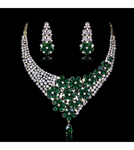 Комплект жълто позлатяване 'Зелени цветя' - LSS | Колекция Luxury Secret | Бижута Invoke