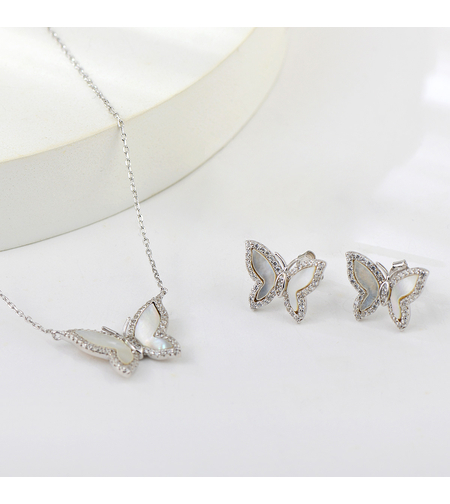 Сребърен комплект Пеперуди със седеф и платина | Колекция Silver Premium | Бижута Invoke.bg