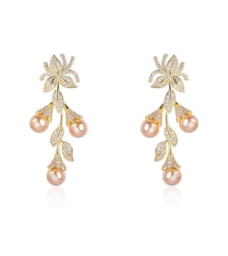 Обеци жълто позлатяване 'Клонче с перли' | Колекция Luxury Secret | Бижута Invoke.bg