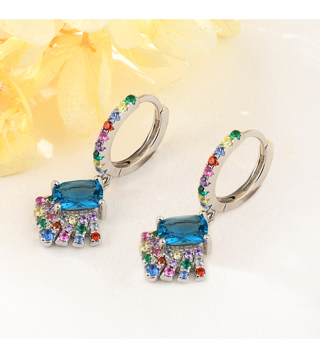 Сребърни обеци с платина и цветни кубични циркони | Колекция Silver Premium | Бижута Invoke.bg