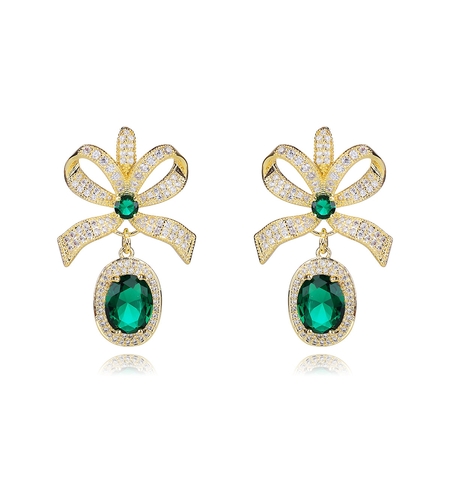 Обеци жълто позлатяване зелена панделка | Колекция Luxury Secret | Бижута Invoke.bg