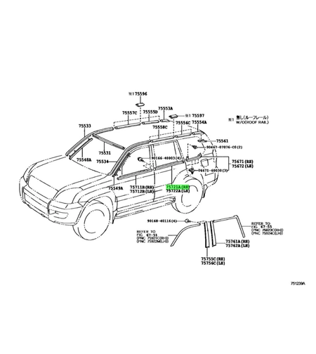 Водобранна лайсна за задна дясна врата уплатнение TOЙОТА ЛАНД КРУЗЕР TOYOTA 7572160061 75721-60061 OEM TOYOTA