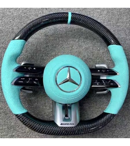 Mercedes AMG спортен волан – Carbon & Аква синя кожа (2020–2023)