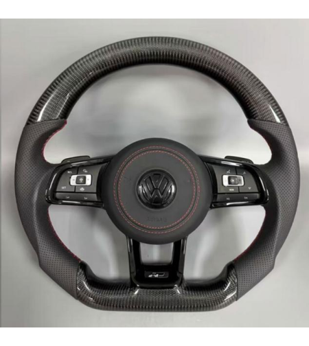 VW R спортен волан – карбон и кожа с червени шевове