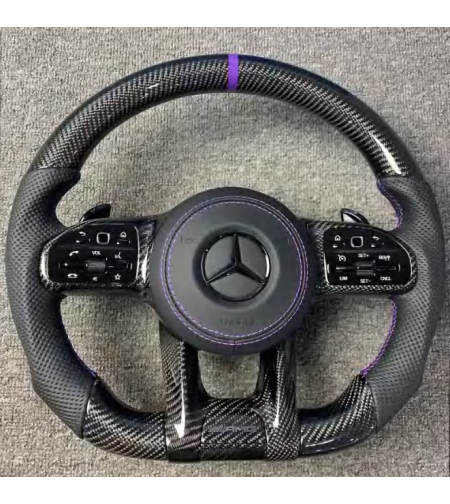 Mercedes AMG спортен волан – Carbon & Перфорирана кожа с лилави шевове (2019–2022)