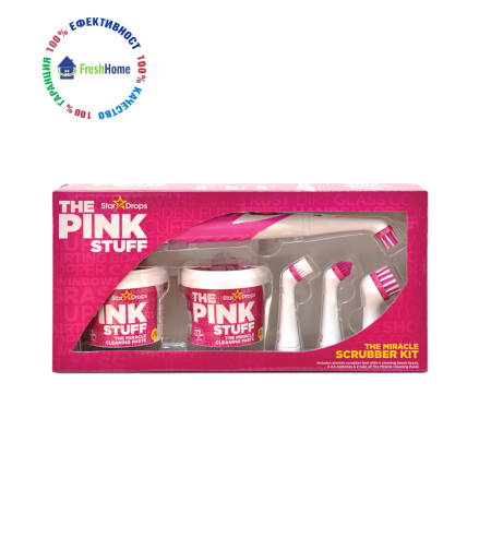 The PINK STUFF SCRUBBER KIT почистващ комплект 2*500 гр. Магическа паста + електрическо почистваща машина с 4 различни глави