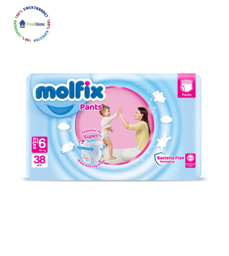 Пелени Гащи Molfix 6 (15+ kg.) – 38 бр. + подарък мокри кърпи Molfix 60 етикет