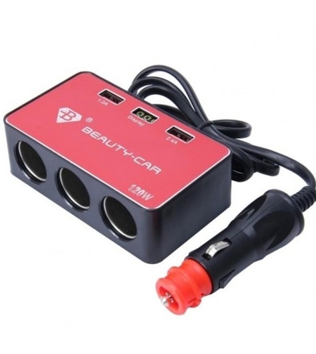 Авторазклонител с волтметър Beauty CAR В-085, 3 гнезда, с преходник, 2 x USB, Черен