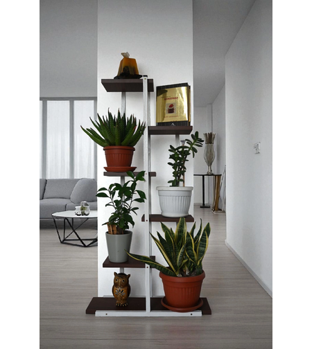 Етажерка за цветя H113 – метална рамка в бяло и орехови рафтове