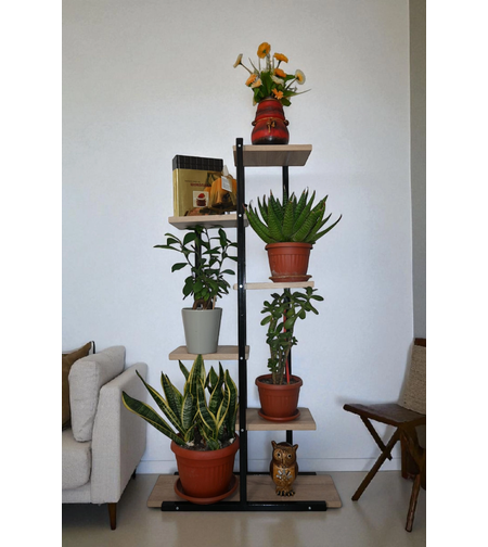 Етажерка за цветя H113 – метална рамка и рафтове от ПДЧ, черно и дъб Сонома