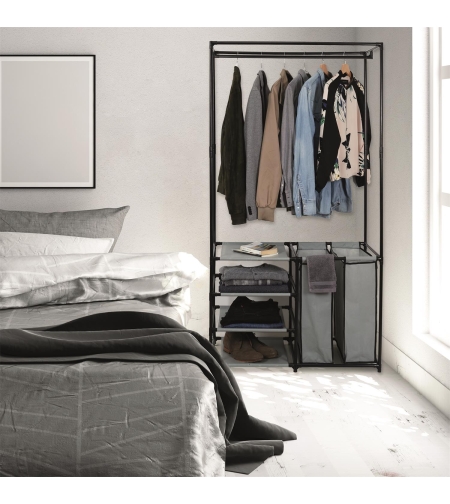 Отворен гардероб със закачалка, рафтове и два коша за пране