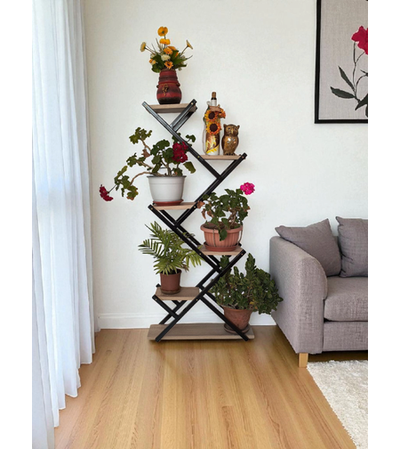 Висок цветарник H125 с 6 нива, черно и дъб Сонома – изглед отпред на фон