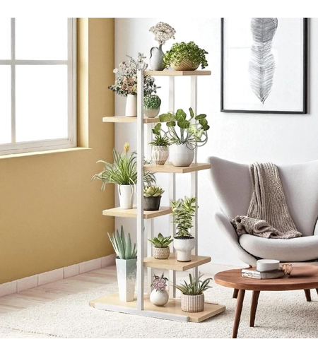 Етажерка за цветя H113 – метална рамка в бяло и рафтове от ПДЧ, дъб Сонома