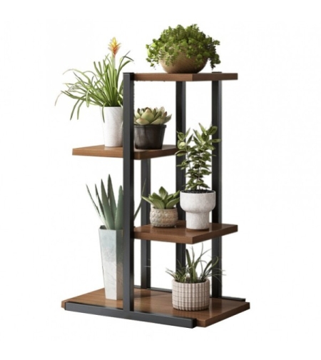 Етажерка за цветя MiniElegance H70 – метална рамка в черно и рафтове от ПДЧ, орех