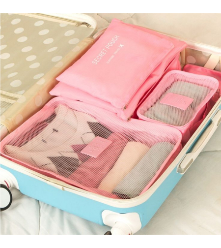 Комплект органайзери за дрехи и козметика за куфар от 6 части, Розов