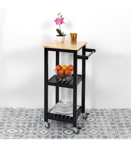 Кухненска количка с 3 рафта, 84,5 x 37 x 45 см, Черна-Каучуково дърво, Home Deco Factory