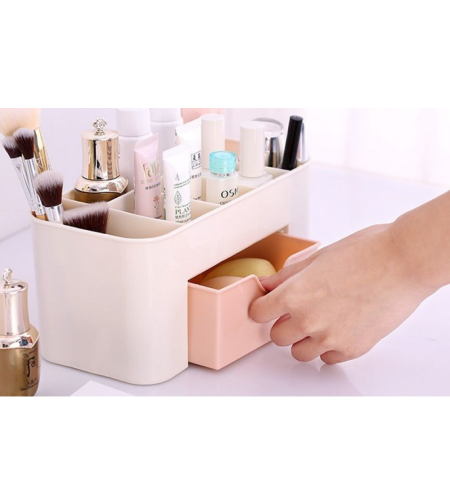 Органайзер за козметика, аксесоари и бижута, бял с розово чекмедже, 20 x 10,5 x 10 cm