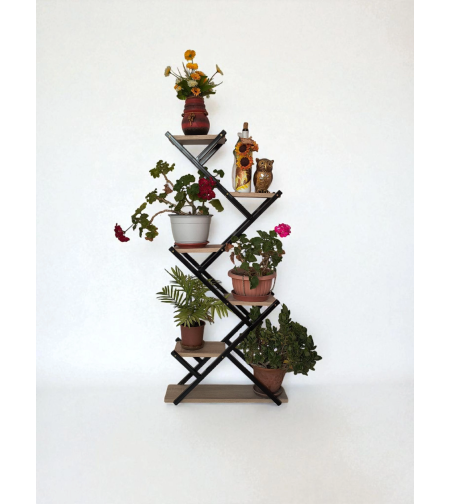 Висок цветарник H125 с 6 нива, черно и дъб Сонома – изглед отпред