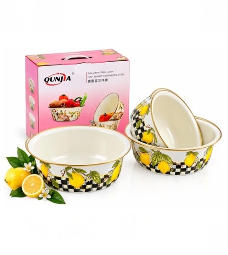 Комплект 3 емайлирани купи с лимони в подаръчна кутия QUNJIA