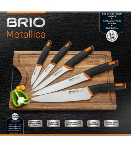BRIO Metallica - Комплект 5бр кухненски ножове с акациева дъска - 35х24х1.5см.