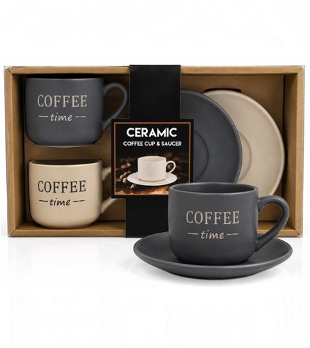 Комплект керамични чашки с чинийки “Coffee time” в сиво