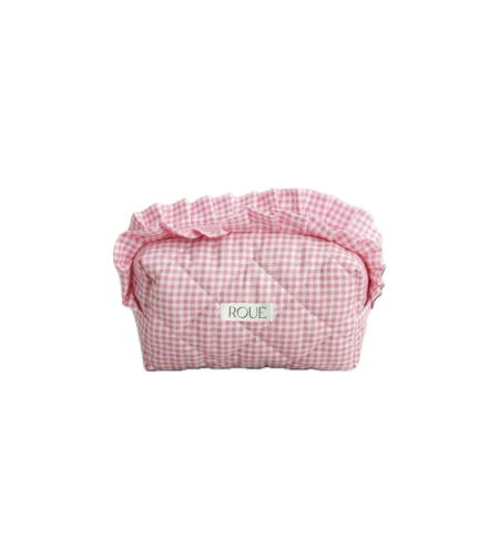 CUSTOM SMALL RUFFLES PETIT GINGHAM TOILETRY BAG IN FUSCIA