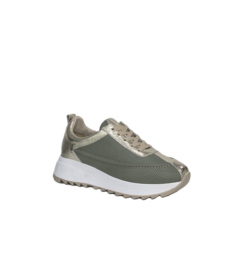 Дамски сникърс / естествена кожа / анатомична стелка / зелено + златно  / 7-350