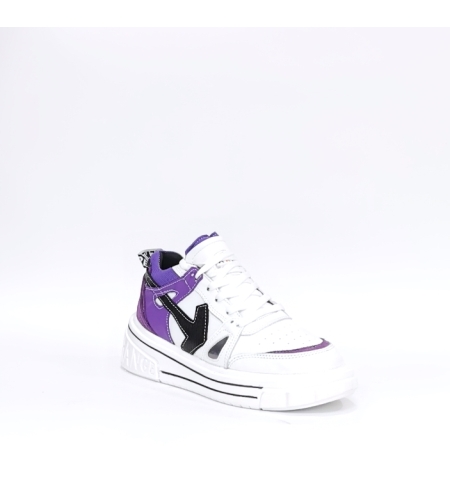 Women's sneaker made of natural leather in white+purple color with anatomical insole/73362