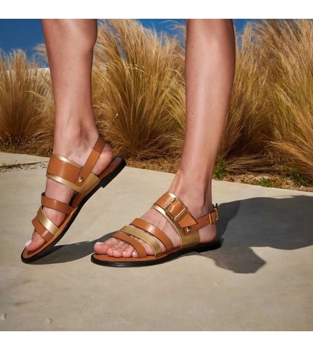 Women's sandal / natural  leather / camel + gold /7260