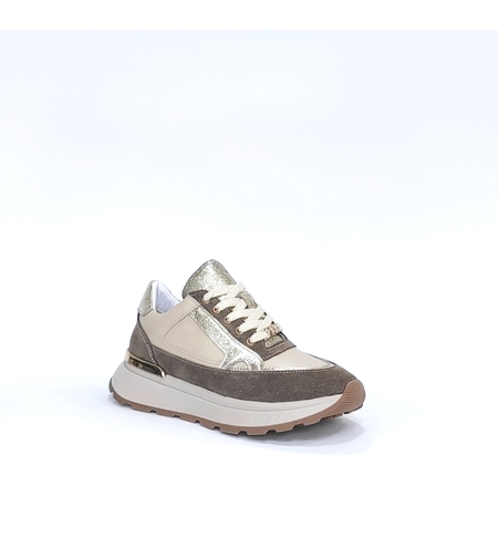 Дамски  сникърс / естествена кожа / анатомична стелка / бежаво + златно /760-23