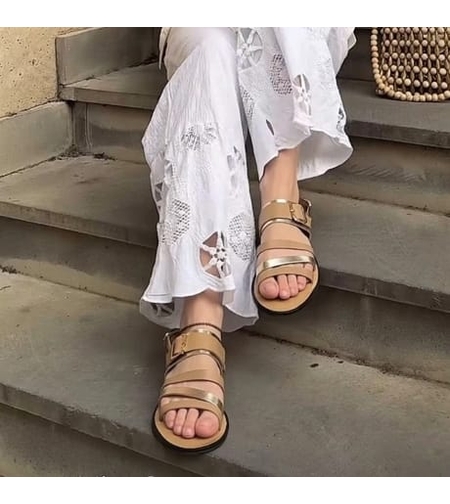 Women's sandals / natural leather / beige + gold /7260