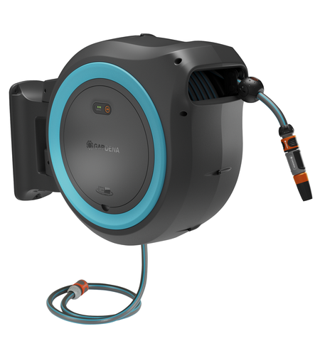 Battery-Powered Wall-Mounted Hose Box PowerRoll XXL solo, 40 m, turquoise