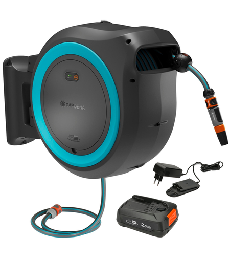 Battery-Powered Wall-Mounted Hose Box PowerRoll XXL Set, 40 m hose, turquoise