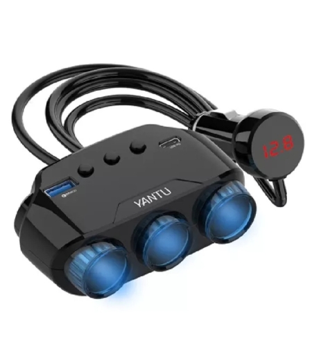 Авто разклонител YANTU LM21, 3 гнезда Волтметър, USB, USB TYPE-C