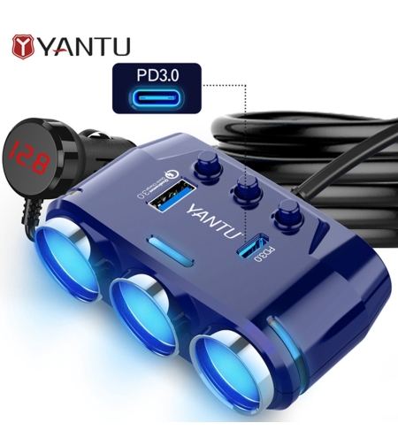 Авто Разклонител YANTU B39-C, 3 Гнезда Волтметър, USB, USB TYPE-C