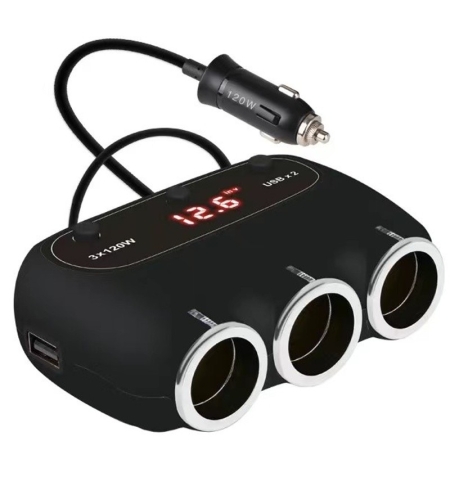 Авторазклонител с волтметър, 3 гнезда, 2 x USB, Черен