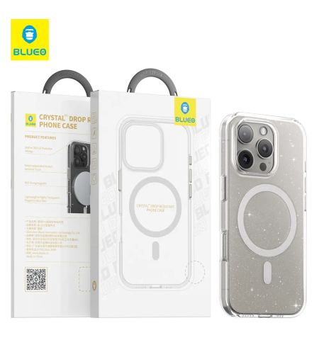 BLUEO Crystal Pro Drop Resistance Phone Case With Magnetic iPhone 16 Plus, прозрачен с брокат