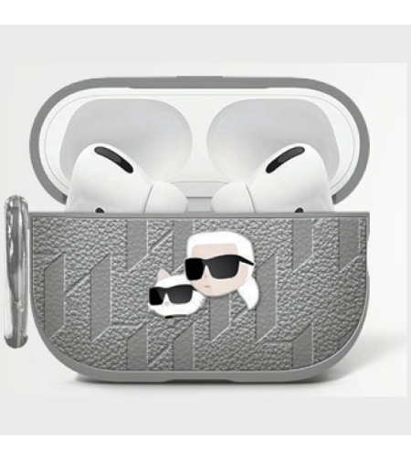 Karl Lagerfeld Monogram Karl & Choupette Head  AirPods 4 - Кожен кейс за AirPods 4, сив
