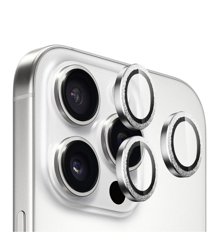 BLUEO Original metal frame lens Protector glass iPhone 15 Pro/15 Pro Max/16 Pro/16 Pro Max, silver glitter