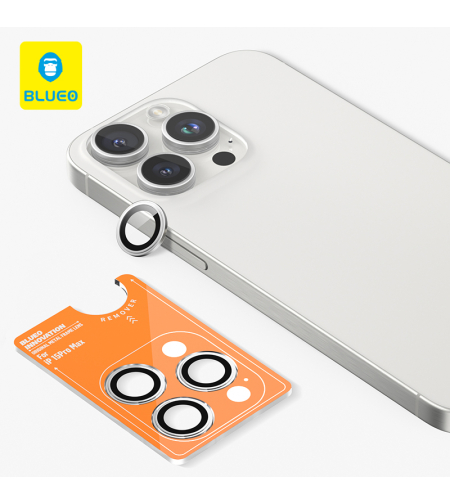 BLUEO Original metal frame lens Protector glass iPhone 15 Pro/15 Pro Max/16 Pro/16 Pro Max, Silver Titanium