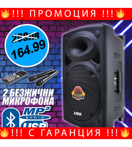 НЕМСКА Караоке Тонколона MBA F12 2000W +2 Безжчни Микрофона + ЛЕД ФЕНЕР